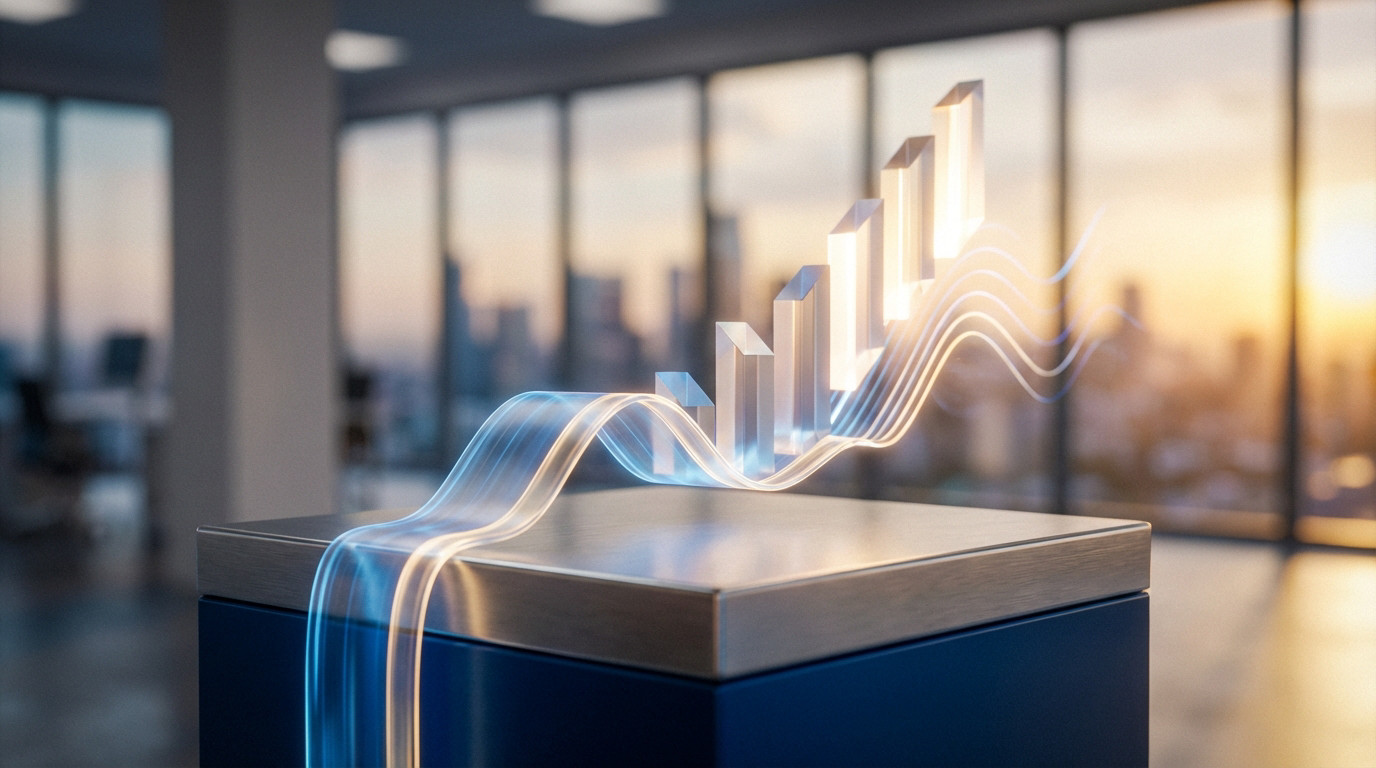 Graphique 3D de barres en croissance avec des traînées lumineuses, sur un piédestal dans un bureau moderne au coucher du soleil.