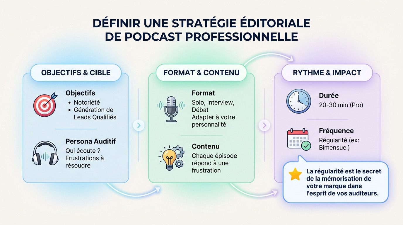 definir une strategie editoriale de podcast professionnelle Planification stratégique d'un podcast business pour CEO