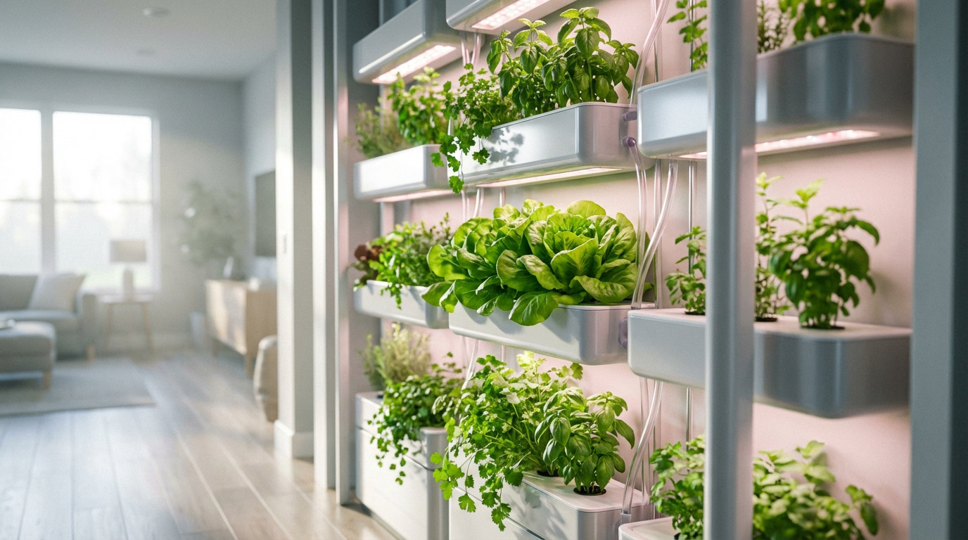 Système de culture hydroponique vertical mural présentant laitues et herbes fraîches sous éclairage LED, en arrière-plan un salon lumineux.