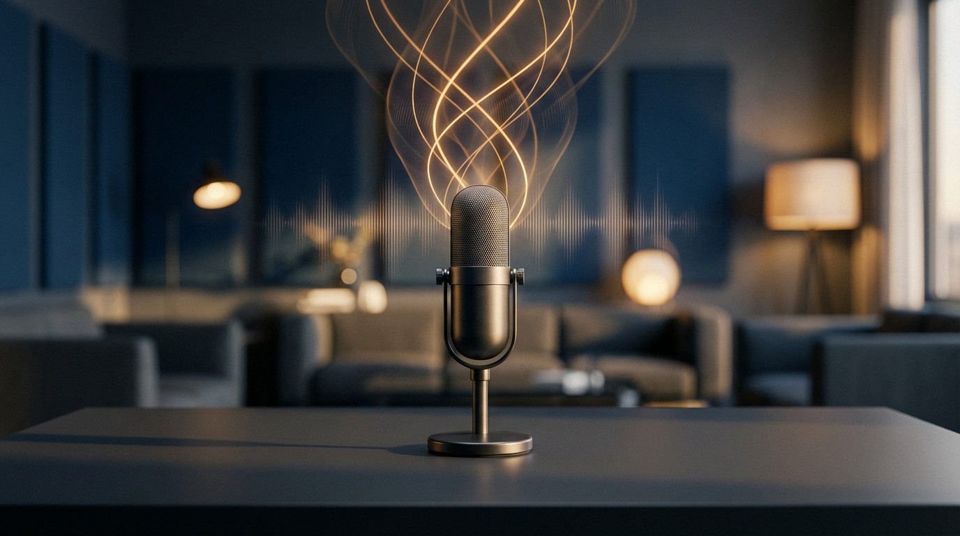 Un microphone vintage sur table, émettant des ondes lumineuses dorées et des barres de son. L