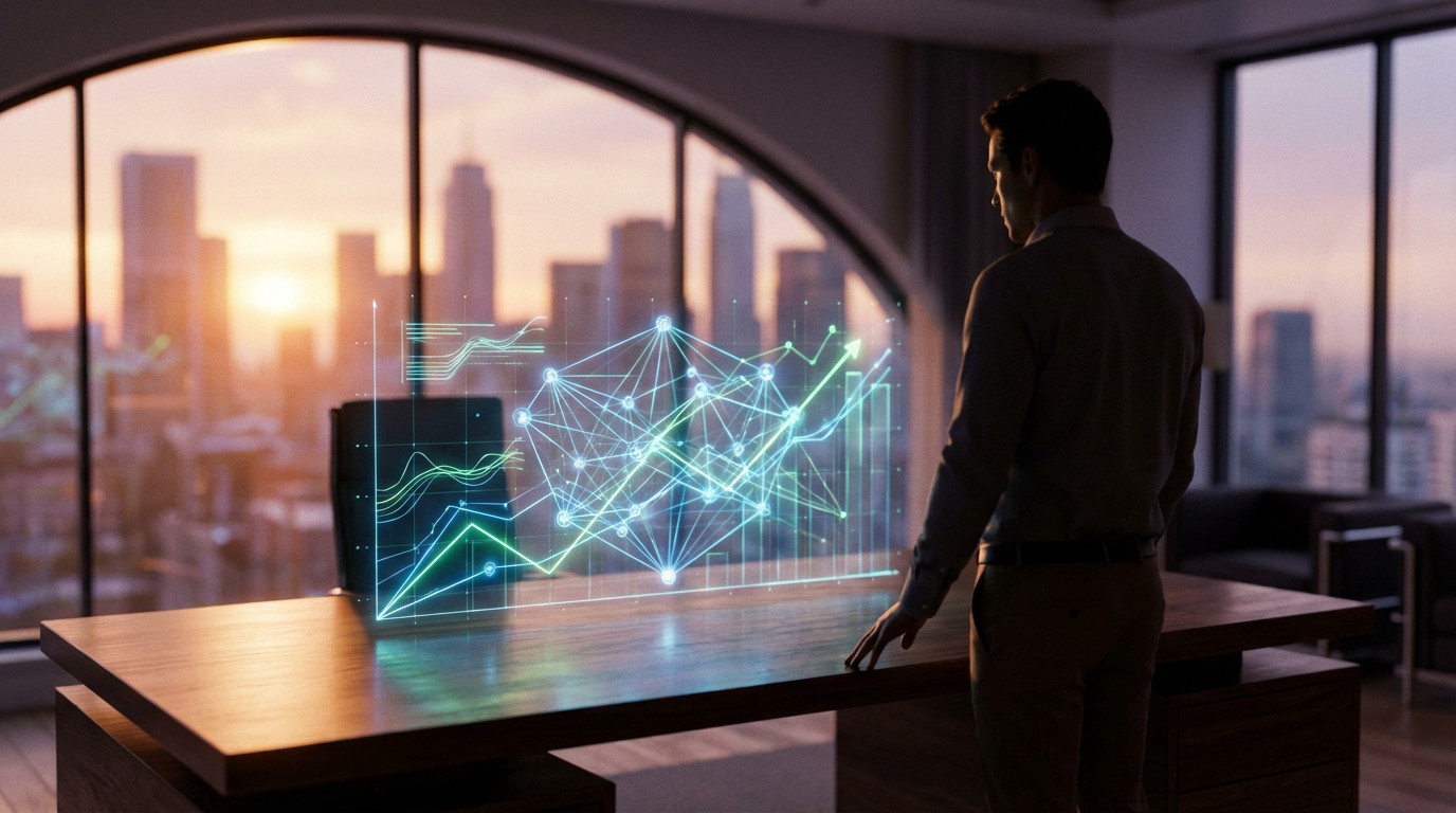 Homme regardant des graphiques holographiques complexes sur un bureau, avec une ville au coucher du soleil en arrière-plan.