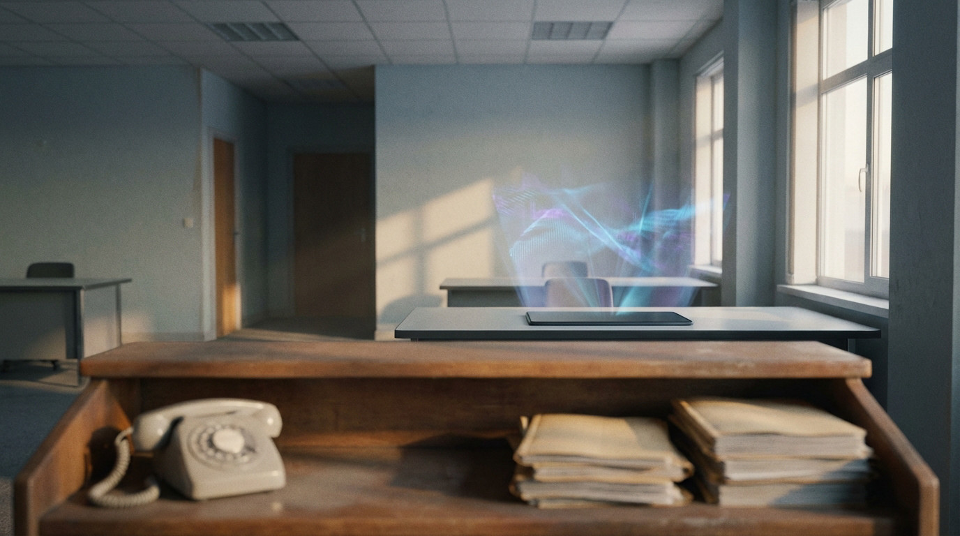 Ancien bureau avec téléphone à cadran et papiers jaunis, contrastant avec un bureau moderne, une tablette et une projection holographique futuriste.
