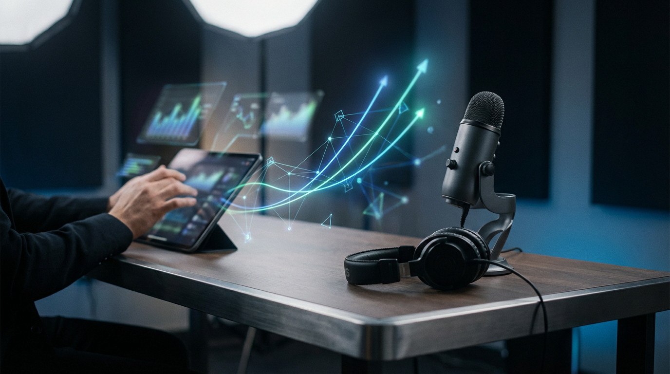 Une personne analyse des données sur une tablette, avec des graphiques holographiques de croissance et un équipement de podcast (micro, casque).