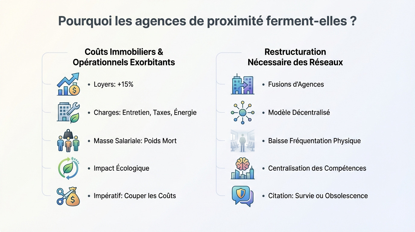 pourquoi les agences de proximite ferment elles Fermeture d'une agence immobilière traditionnelle avec rideau de fer baissé en centre-ville