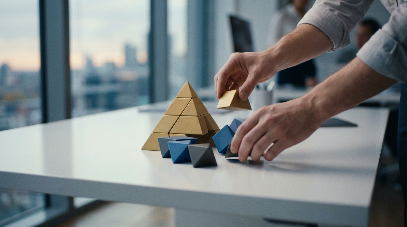 Des mains assemblent une pyramide dorée et des formes géométriques colorées sur un bureau. Contexte de bureau moderne avec vue sur la ville.