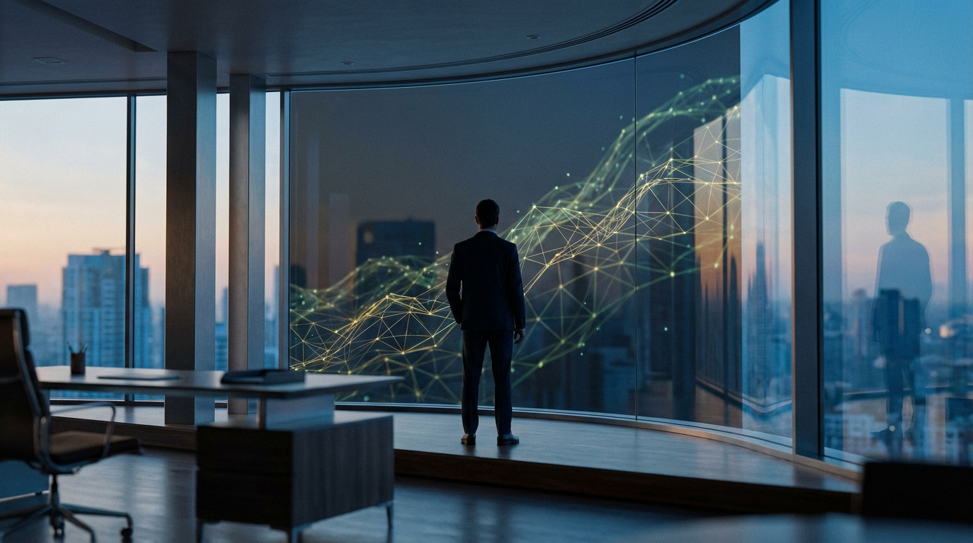 PDG de dos dans un bureau moderne, regardant une ville et un graphique de croissance numérique lumineux projeté sur la baie vitrée.