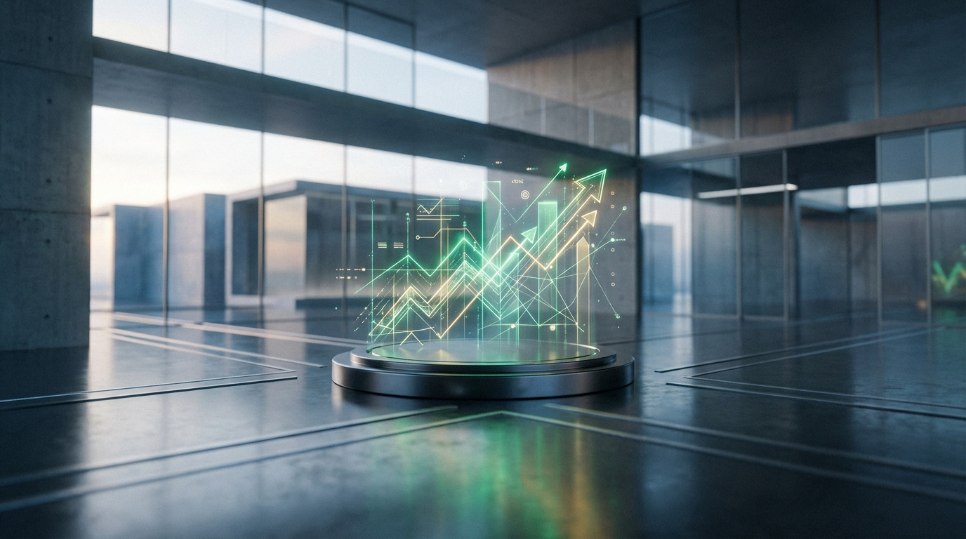 Un hologramme lumineux affichant des graphiques de croissance et des flèches ascendantes sur un socle dans un bureau moderne.