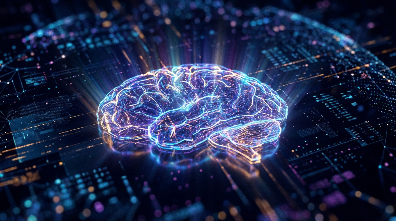 Cerveau numérique lumineux aux néons bleus et violets, avec des circuits électroniques et des flux de données en arrière-plan, symbolisant l