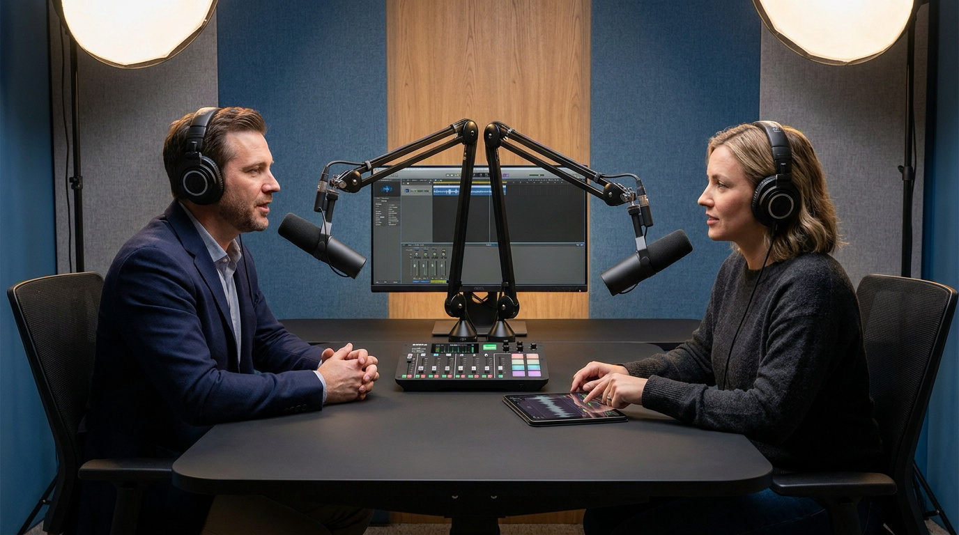 Un homme et une femme enregistrent un podcast dans un studio professionnel avec des micros, une console et un ordinateur.